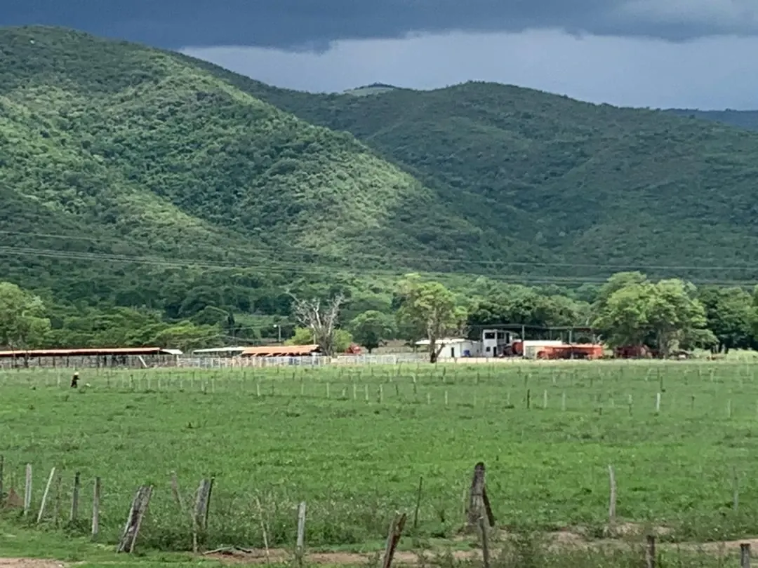 Potreros cercados frente a los galpones de la finca, con los cerros detrás bajo un cielo de tormenta.